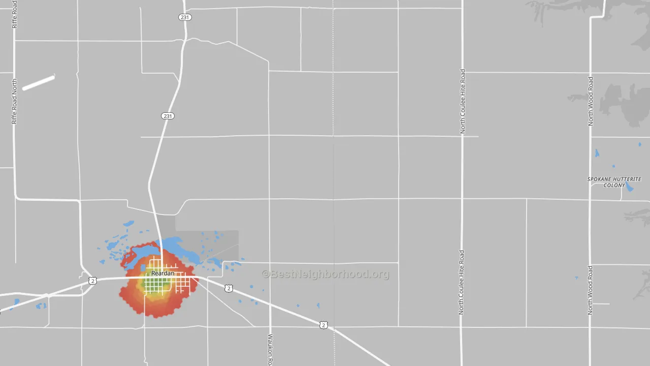 Walk Grade map of 99029, WA, walkable areas in green and car-dependent areas in red