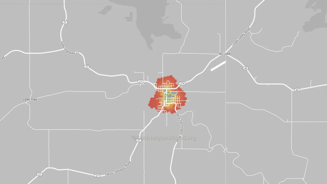 Walk Grade map of 99033, WA, walkable areas in green and car-dependent areas in red