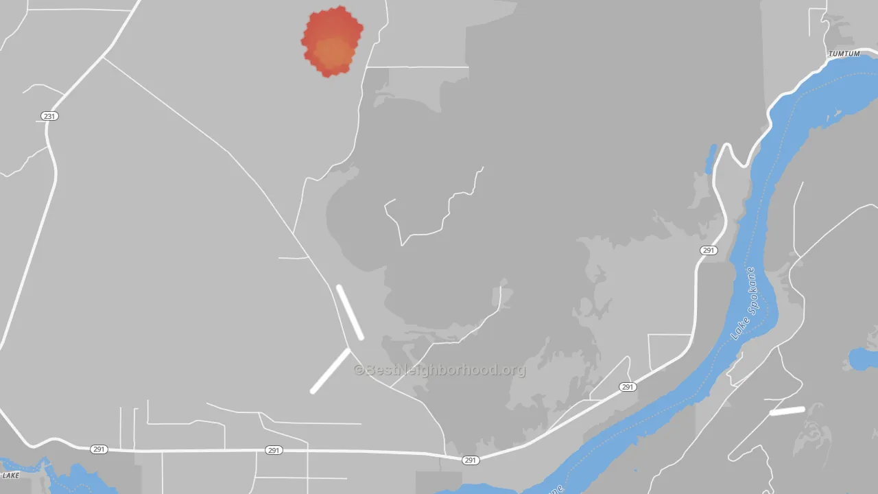 Walk Grade map of 99034, WA, walkable areas in green and car-dependent areas in red