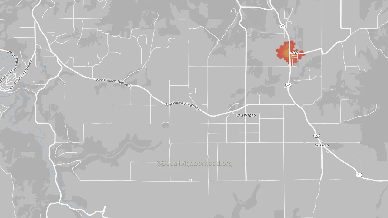 Walk Grade map of 99036, WA, walkable areas in green and car-dependent areas in red