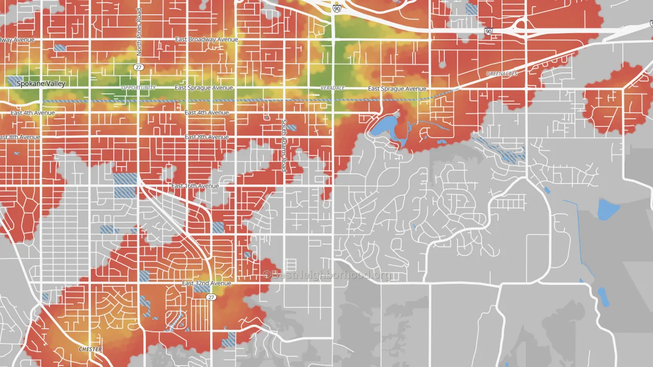 Walk Grade map of 99037, WA, walkable areas in green and car-dependent areas in red