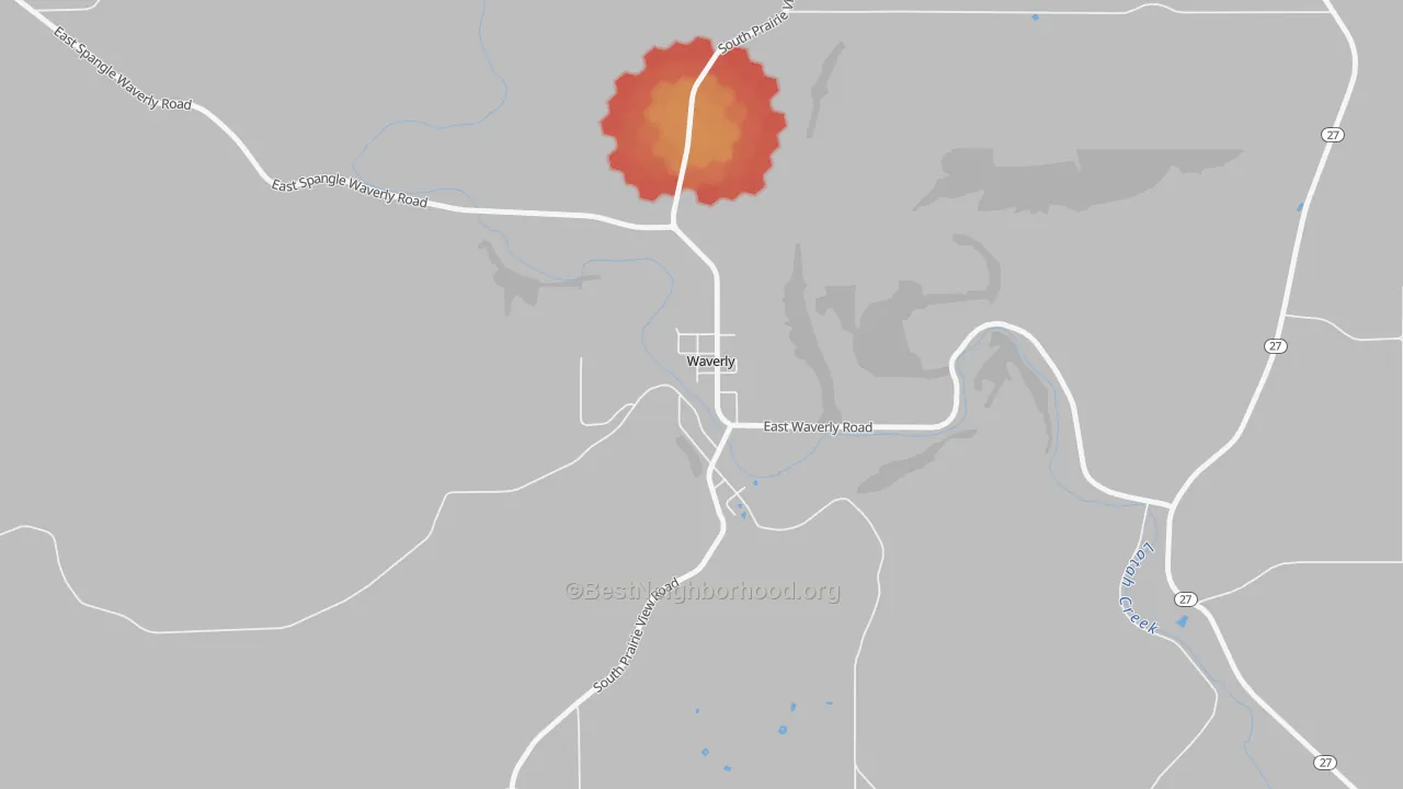 Walk Grade map of 99039, WA, walkable areas in green and car-dependent areas in red