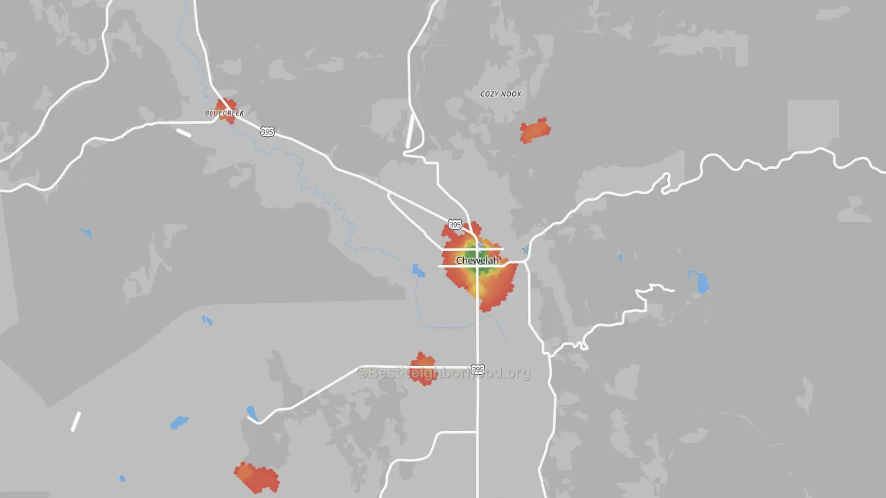 Walk Grade map of 99109, WA, walkable areas in green and car-dependent areas in red