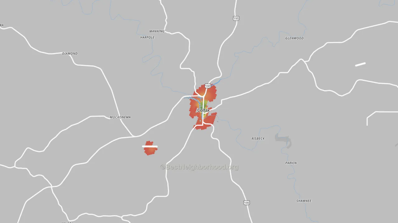 Walk Grade map of 99111, WA, walkable areas in green and car-dependent areas in red