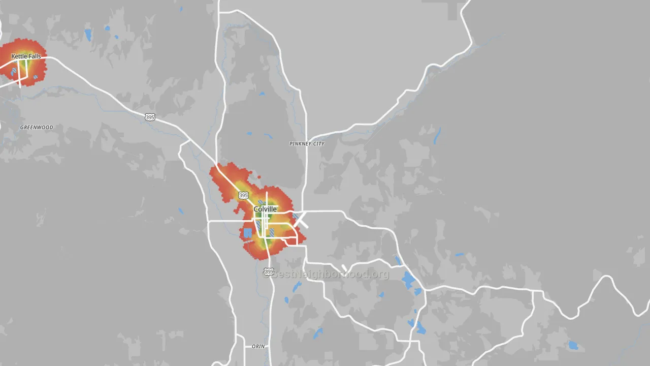 Walk Grade map of 99114, WA, walkable areas in green and car-dependent areas in red
