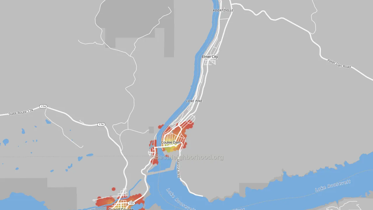 Walk Grade map of 99116, WA, walkable areas in green and car-dependent areas in red