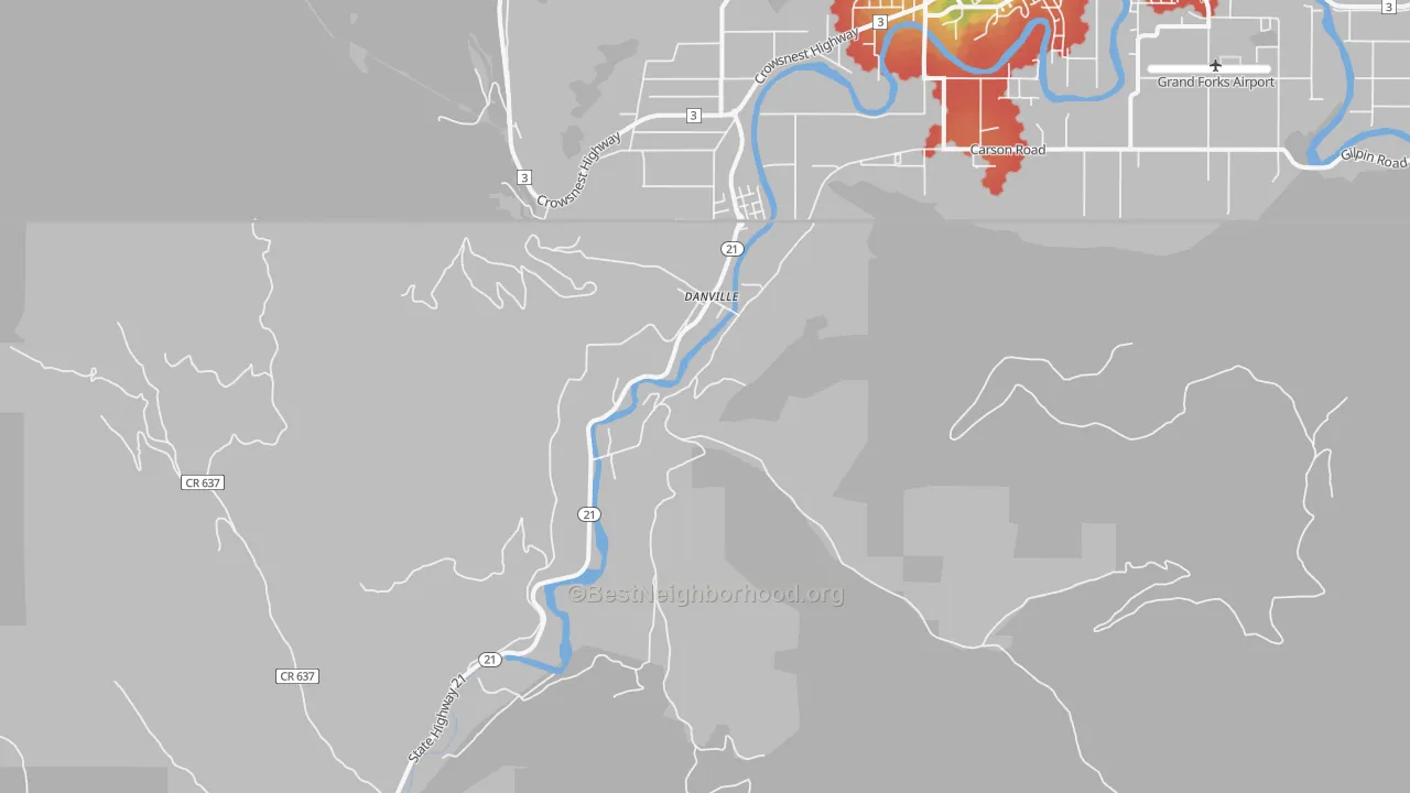 Walk Grade map of 99121, WA, walkable areas in green and car-dependent areas in red
