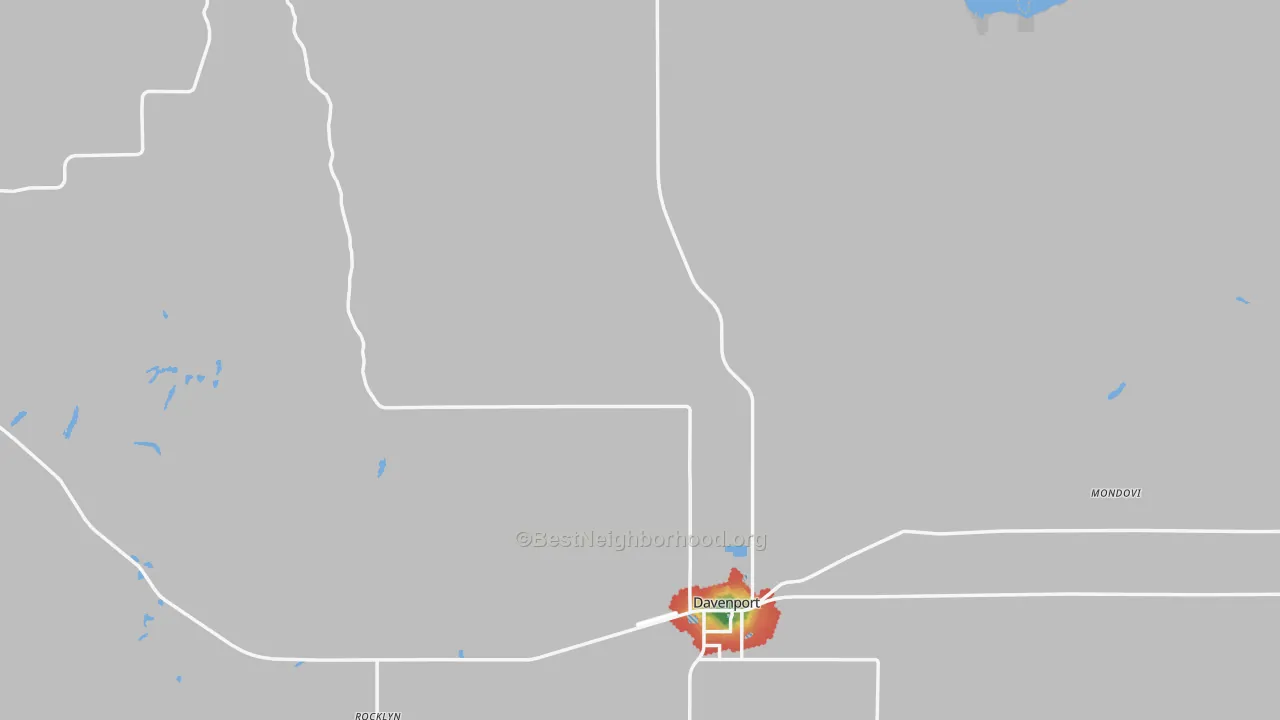 Walk Grade map of 99122, WA, walkable areas in green and car-dependent areas in red