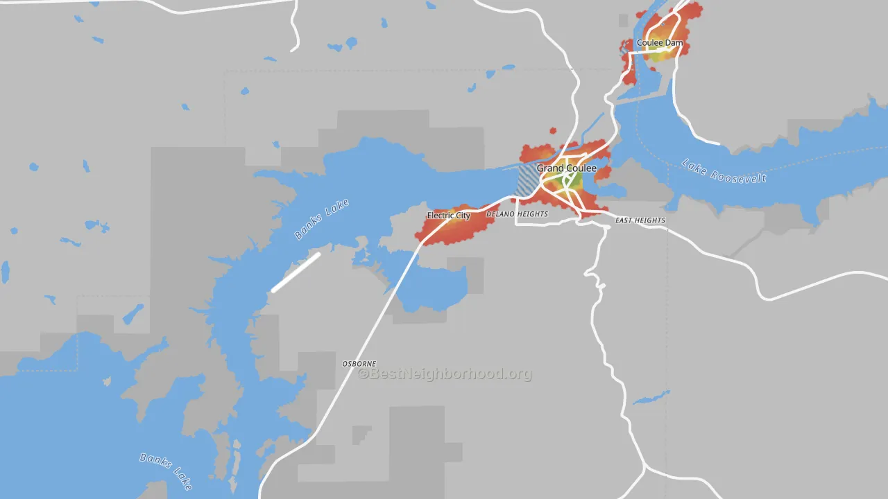 Walk Grade map of 99123, WA, walkable areas in green and car-dependent areas in red