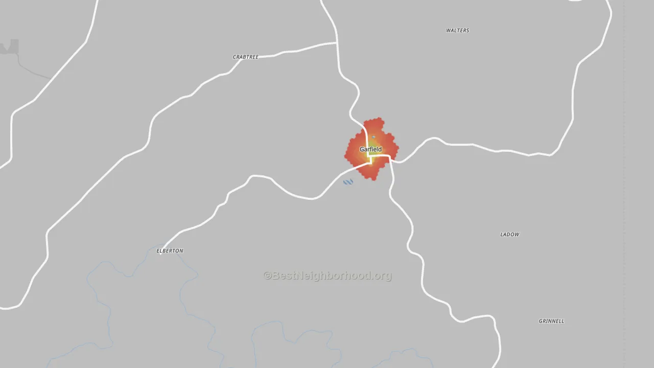 Walk Grade map of 99130, WA, walkable areas in green and car-dependent areas in red