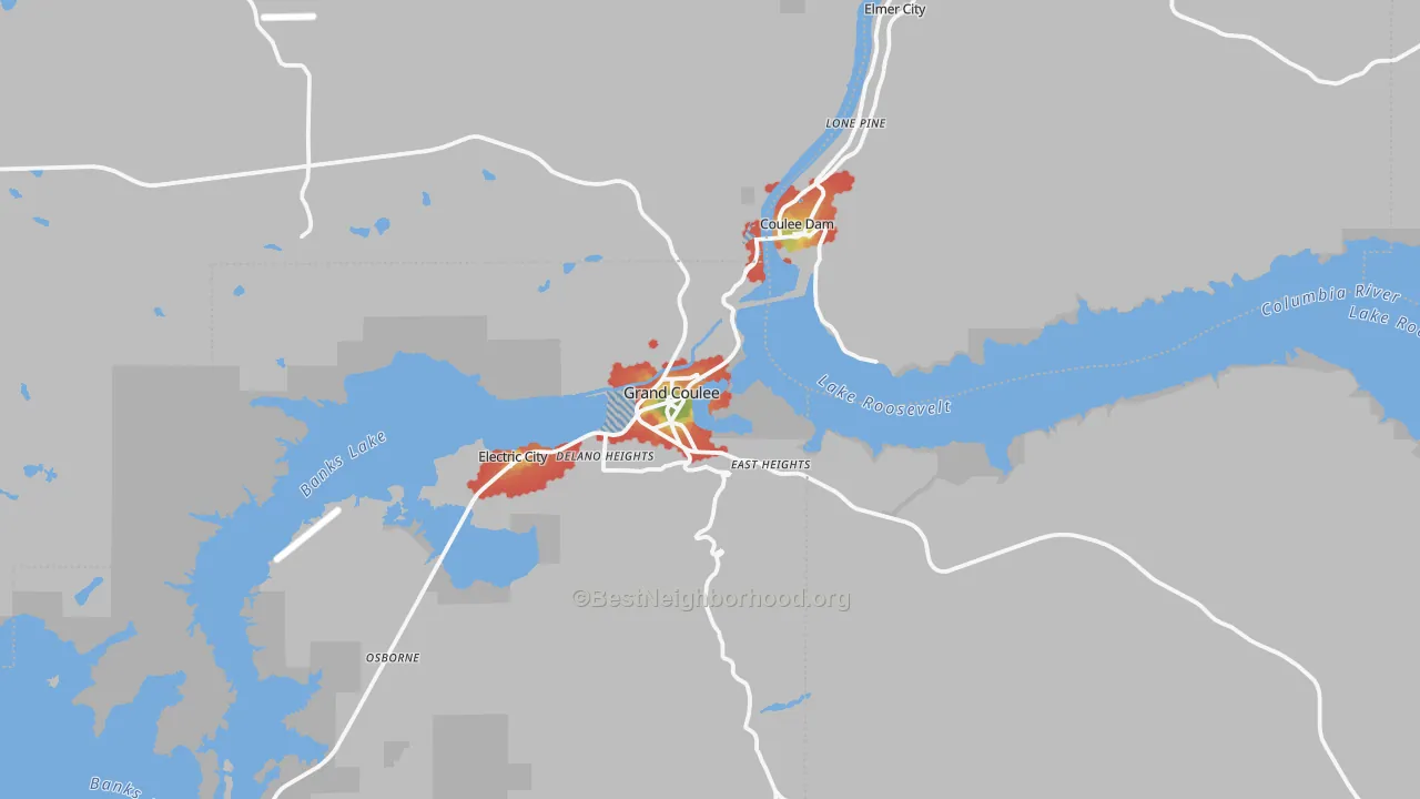 Walk Grade map of 99133, WA, walkable areas in green and car-dependent areas in red