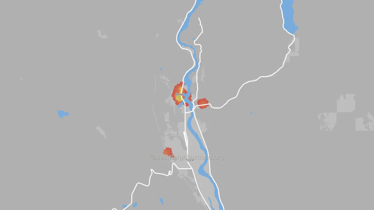 Walk Grade map of 99139, WA, walkable areas in green and car-dependent areas in red