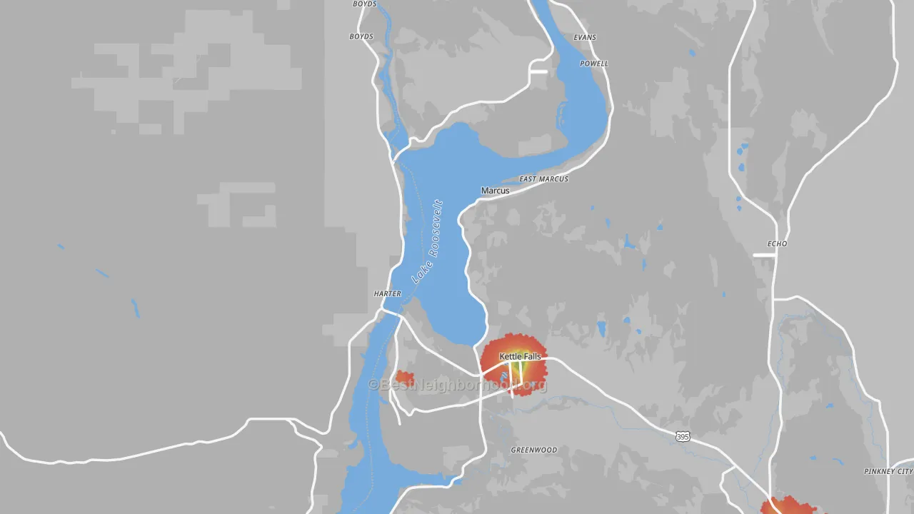 Walk Grade map of 99141, WA, walkable areas in green and car-dependent areas in red