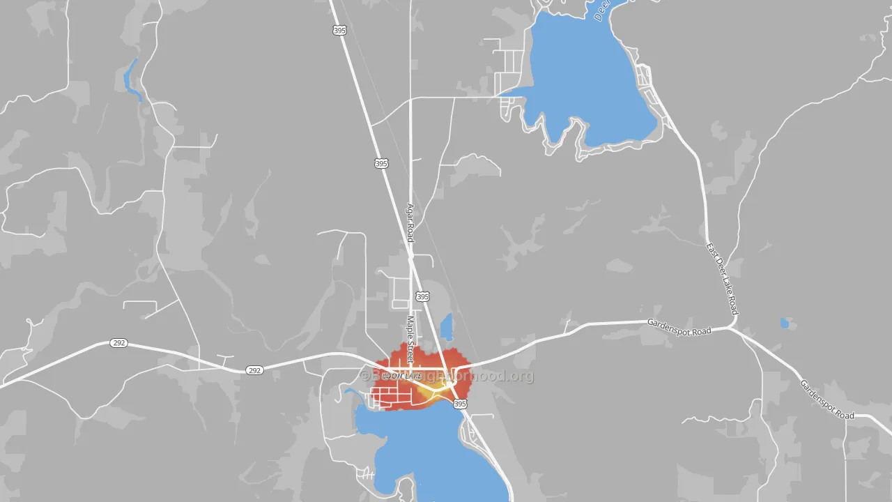 Walk Grade map of 99148, WA, walkable areas in green and car-dependent areas in red