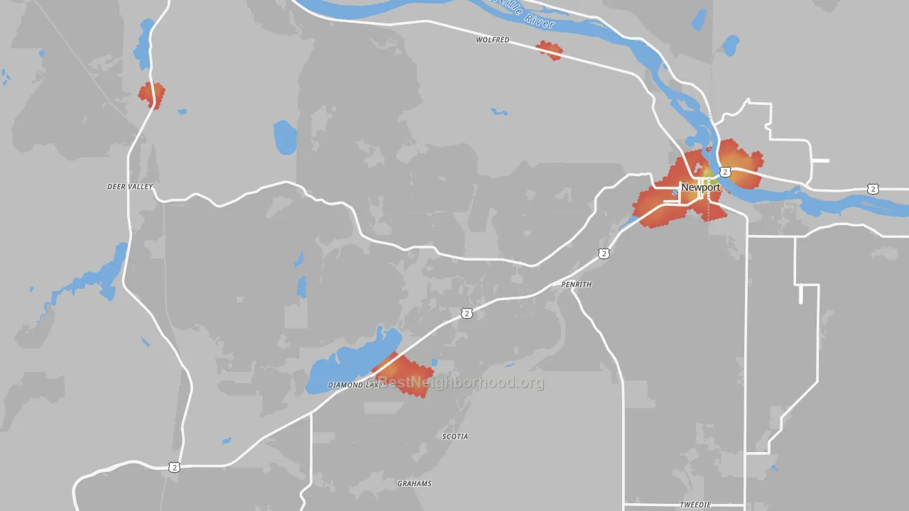 Walk Grade map of 99156, WA, walkable areas in green and car-dependent areas in red