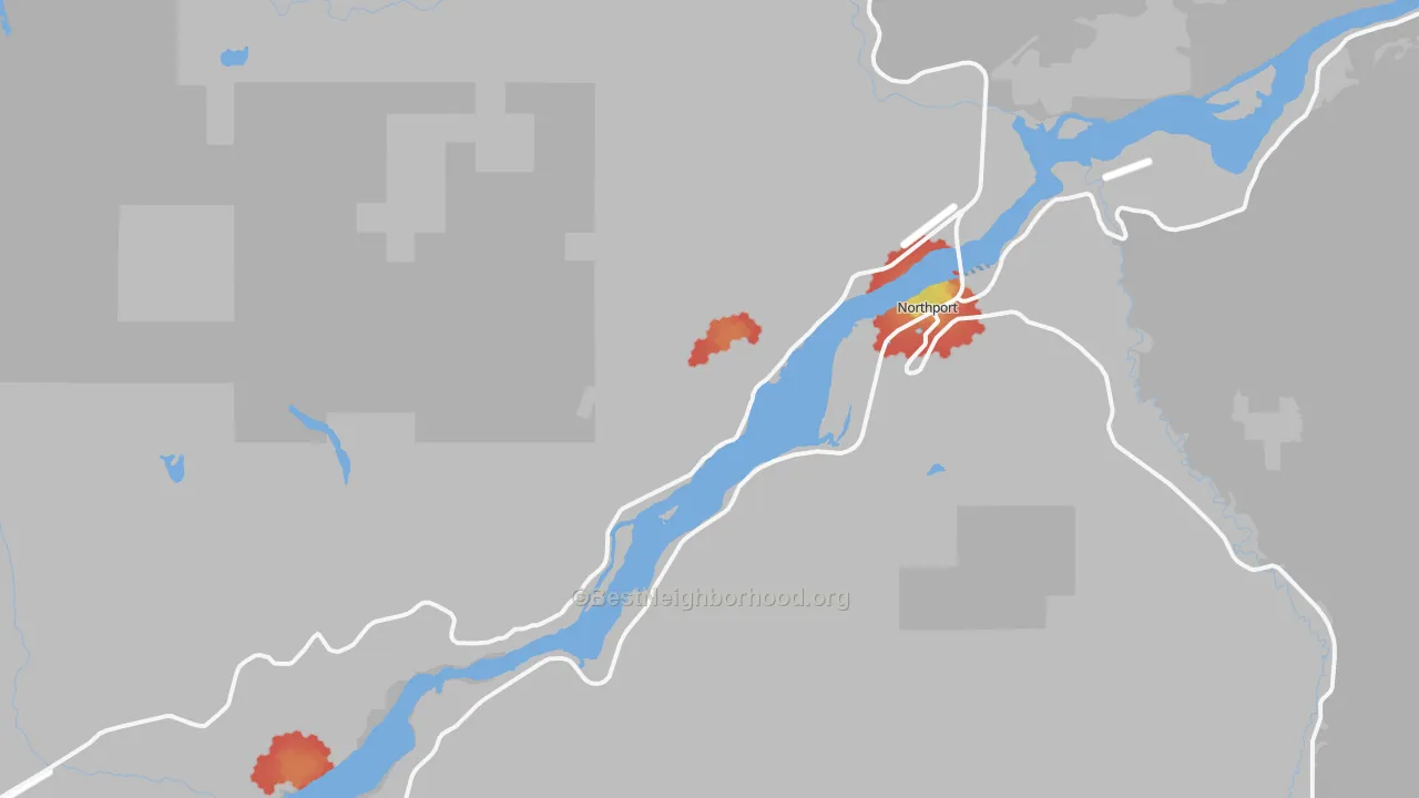 Walk Grade map of 99157, WA, walkable areas in green and car-dependent areas in red