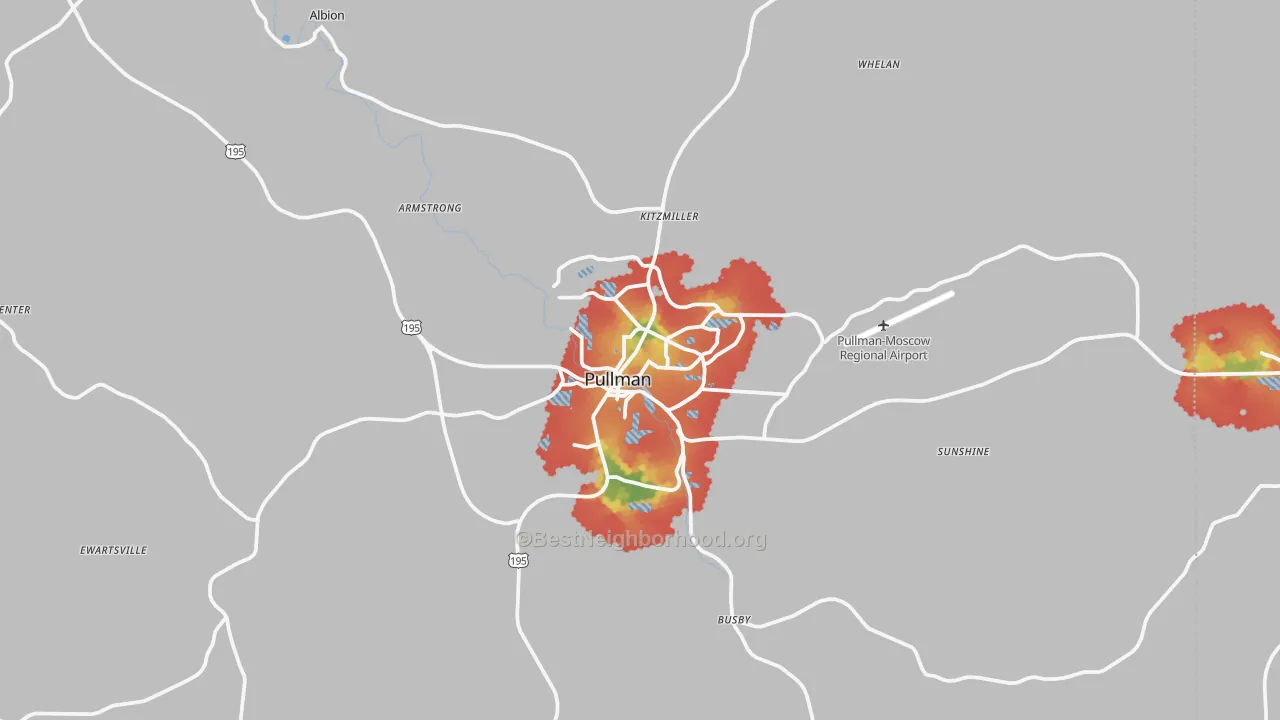 Walk Grade map of 99163, WA, walkable areas in green and car-dependent areas in red