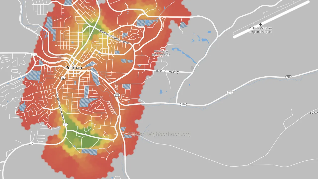 Walk Grade map of 99164, WA, walkable areas in green and car-dependent areas in red