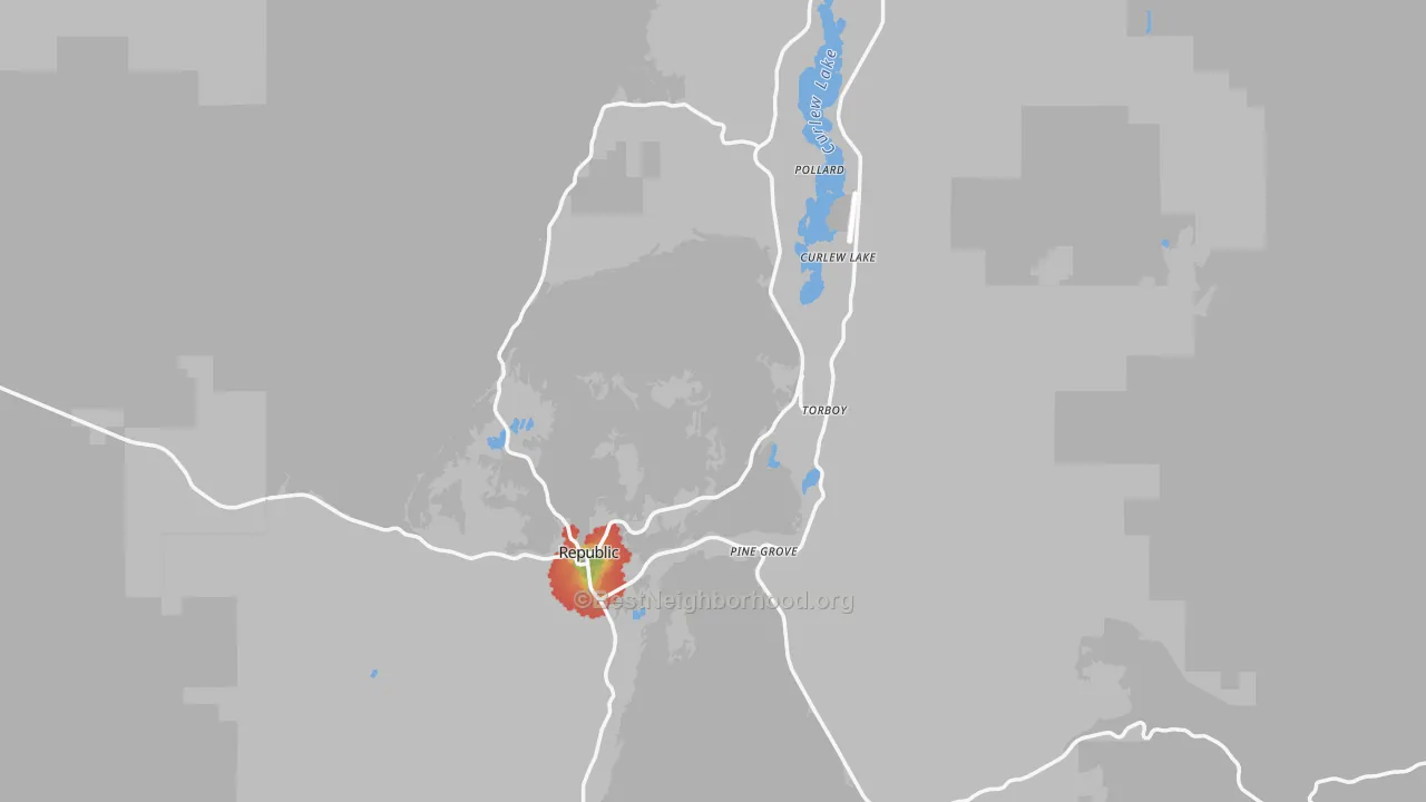 Walk Grade map of 99166, WA, walkable areas in green and car-dependent areas in red