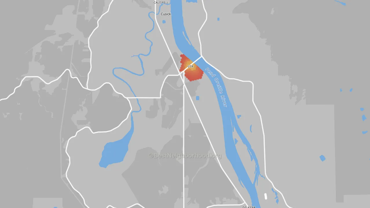 Walk Grade map of 99180, WA, walkable areas in green and car-dependent areas in red