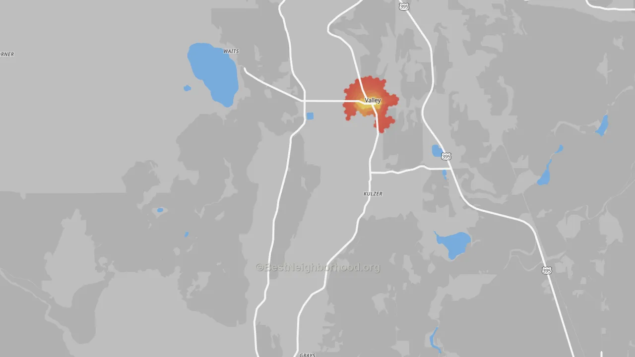 Walk Grade map of 99181, WA, walkable areas in green and car-dependent areas in red