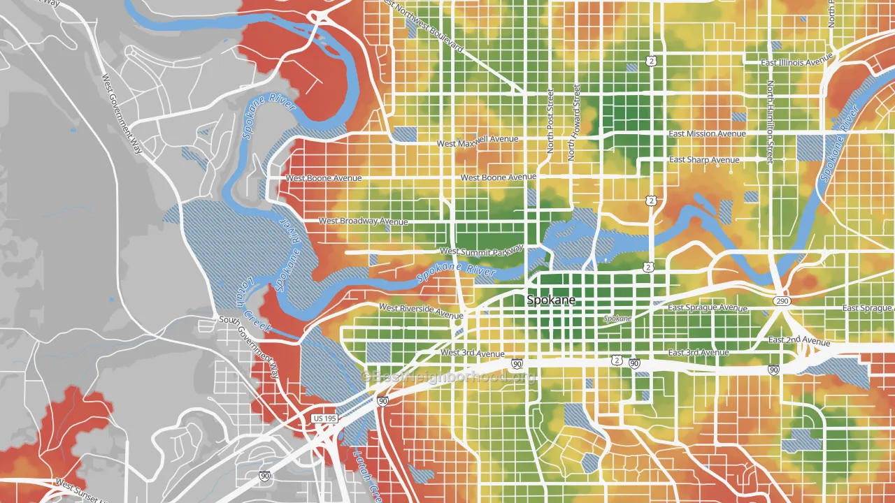 Walk Grade map of 99201, WA, walkable areas in green and car-dependent areas in red