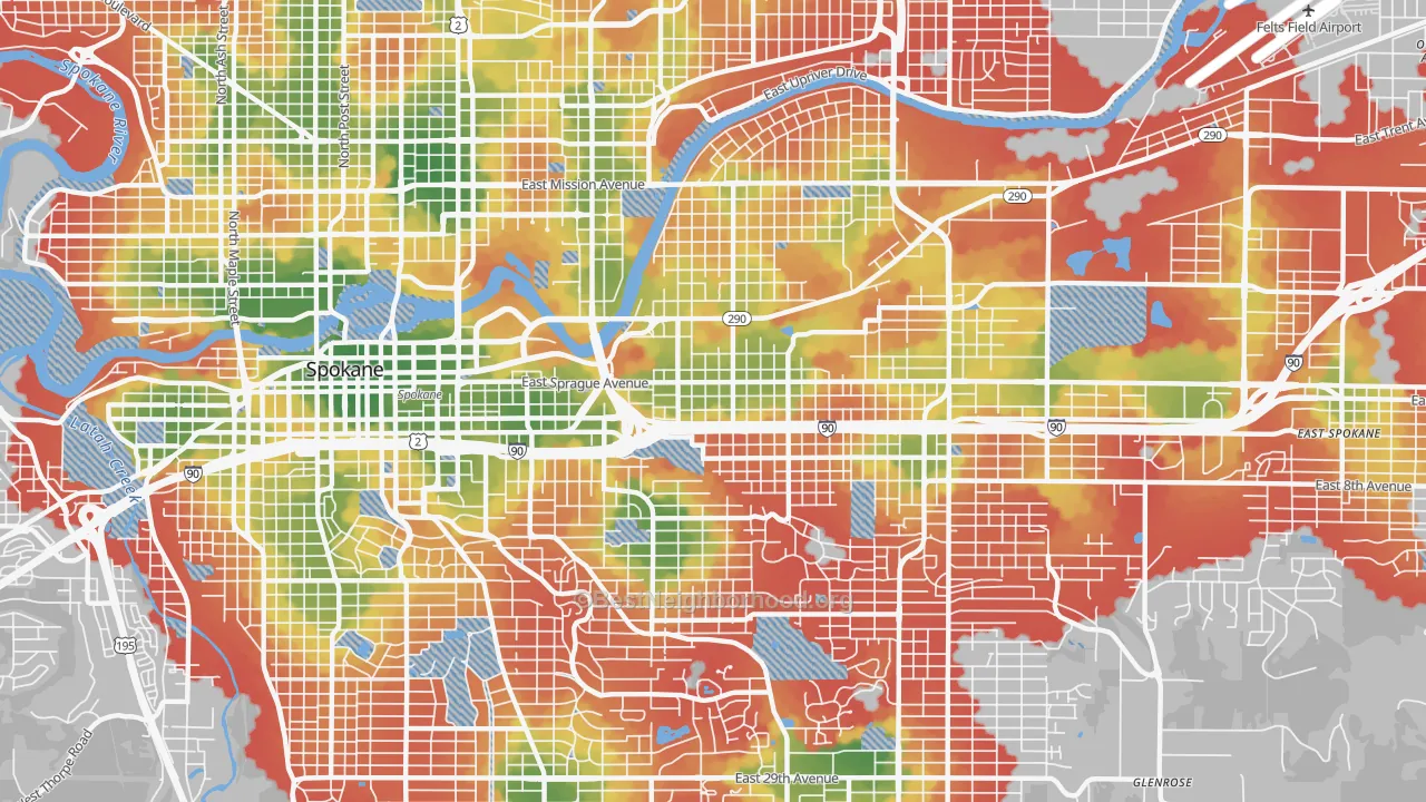 Walk Grade map of 99202, WA, walkable areas in green and car-dependent areas in red