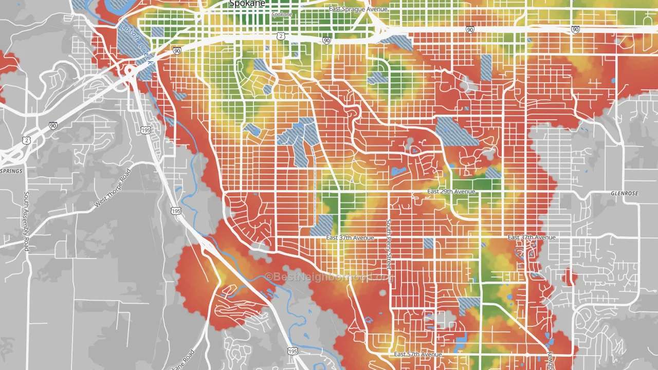 Walk Grade map of 99203, WA, walkable areas in green and car-dependent areas in red