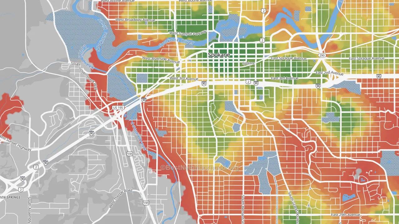 Walk Grade map of 99204, WA, walkable areas in green and car-dependent areas in red