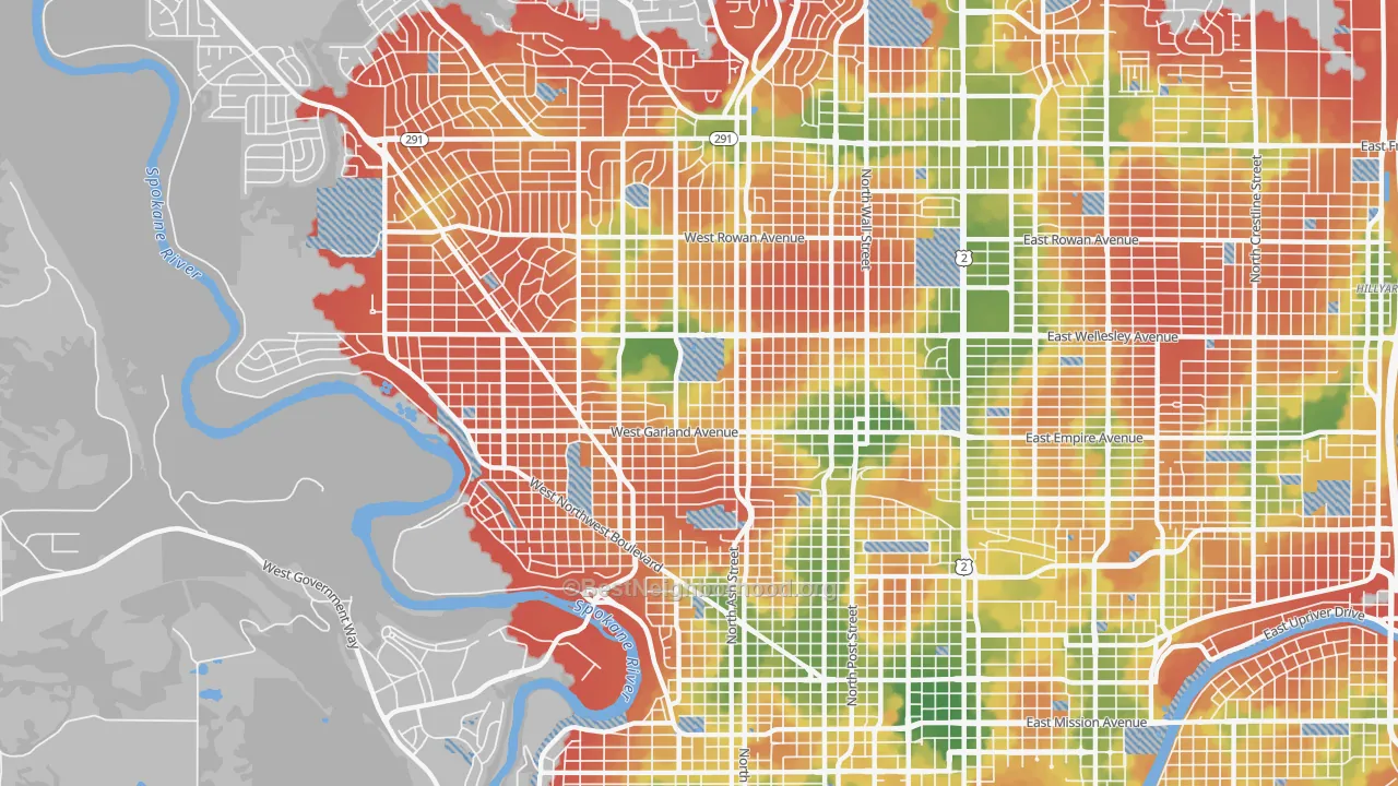 Walk Grade map of 99205, WA, walkable areas in green and car-dependent areas in red
