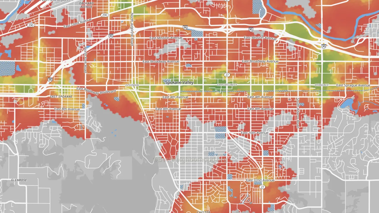 Walk Grade map of 99206, WA, walkable areas in green and car-dependent areas in red