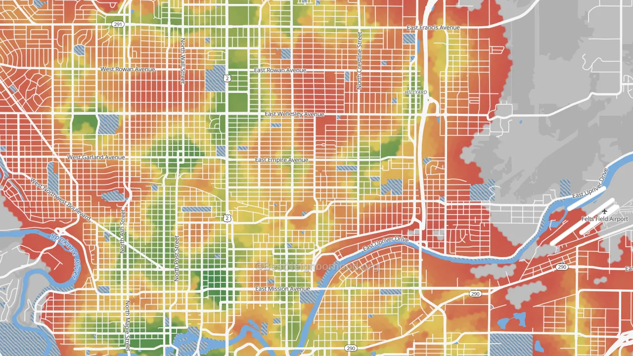 Walk Grade map of 99207, WA, walkable areas in green and car-dependent areas in red