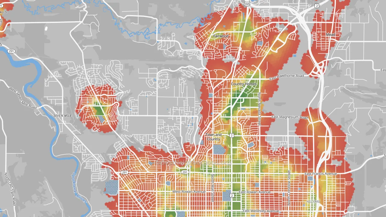 Walk Grade map of 99208, WA, walkable areas in green and car-dependent areas in red