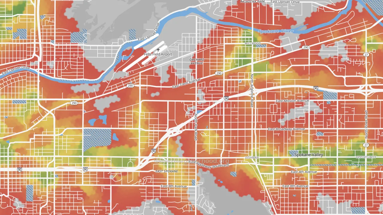 Walk Grade map of 99212, WA, walkable areas in green and car-dependent areas in red