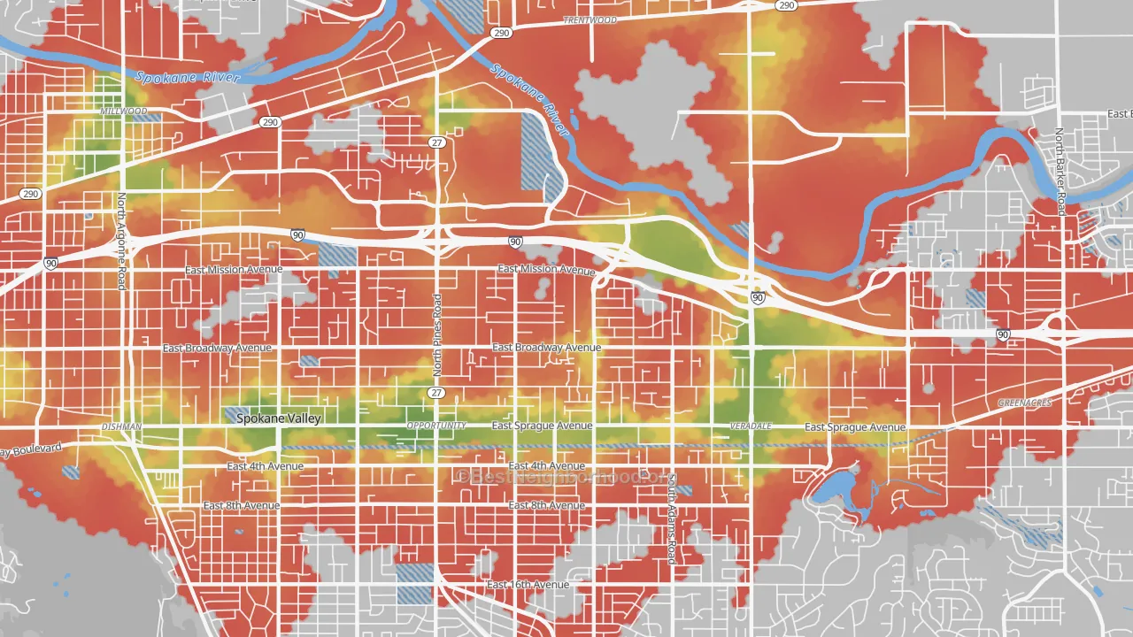 Walk Grade map of 99216, WA, walkable areas in green and car-dependent areas in red