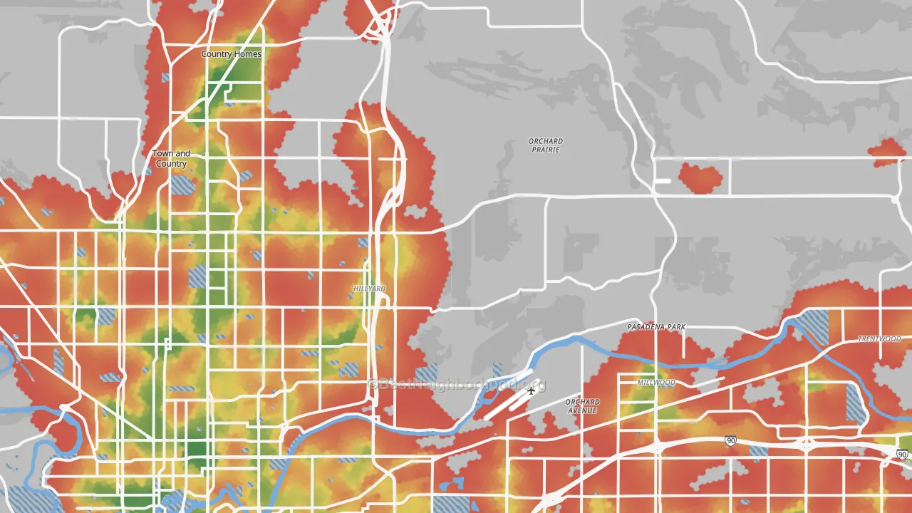 Walk Grade map of 99217, WA, walkable areas in green and car-dependent areas in red