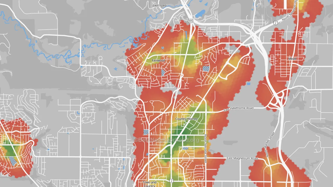 Walk Grade map of 99218, WA, walkable areas in green and car-dependent areas in red