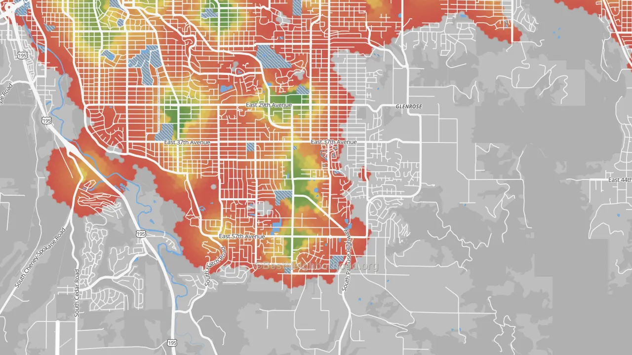 Walk Grade map of 99223, WA, walkable areas in green and car-dependent areas in red