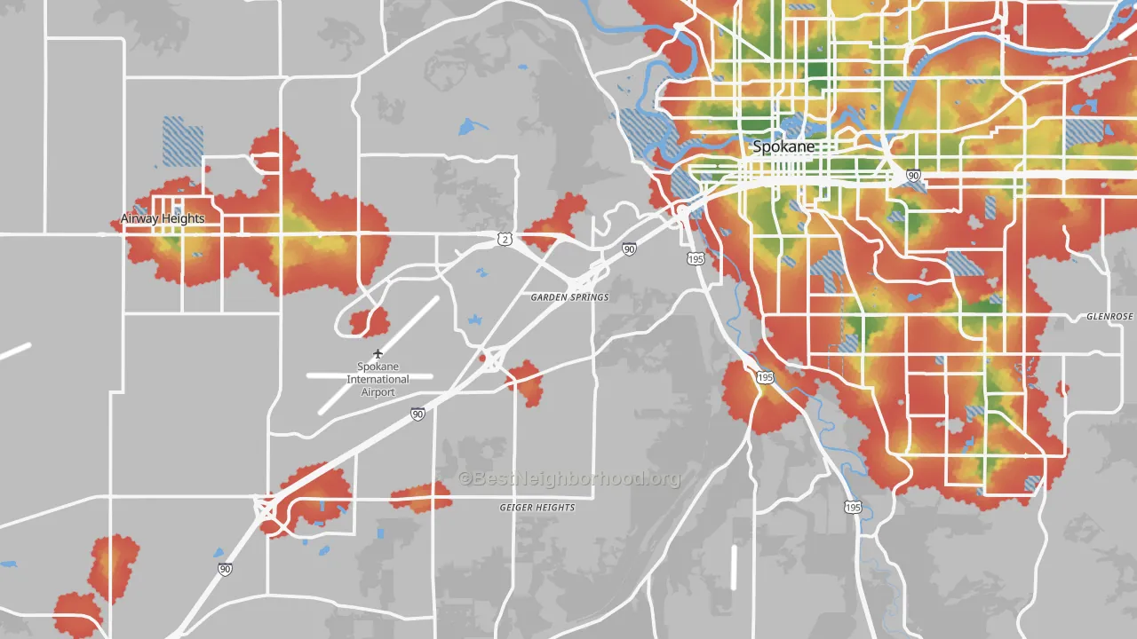 Walk Grade map of 99224, WA, walkable areas in green and car-dependent areas in red