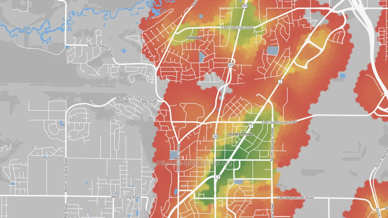 Walk Grade map of 99251, WA, walkable areas in green and car-dependent areas in red