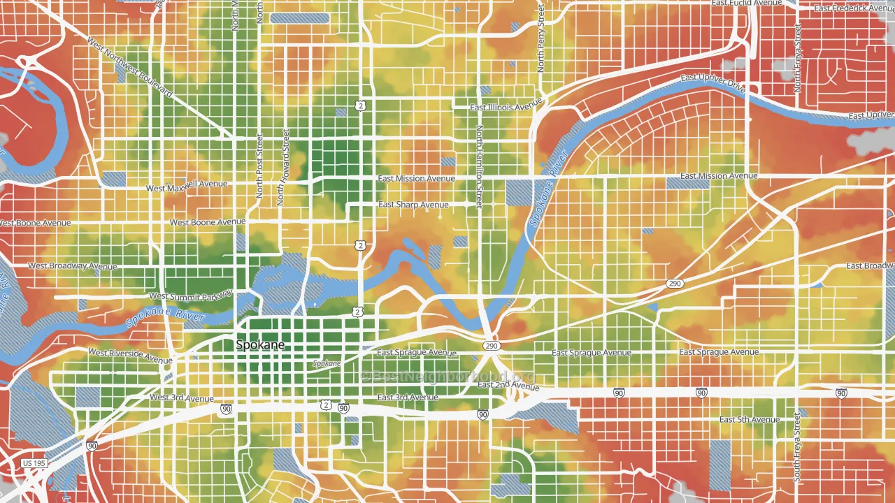 Walk Grade map of 99258, WA, walkable areas in green and car-dependent areas in red
