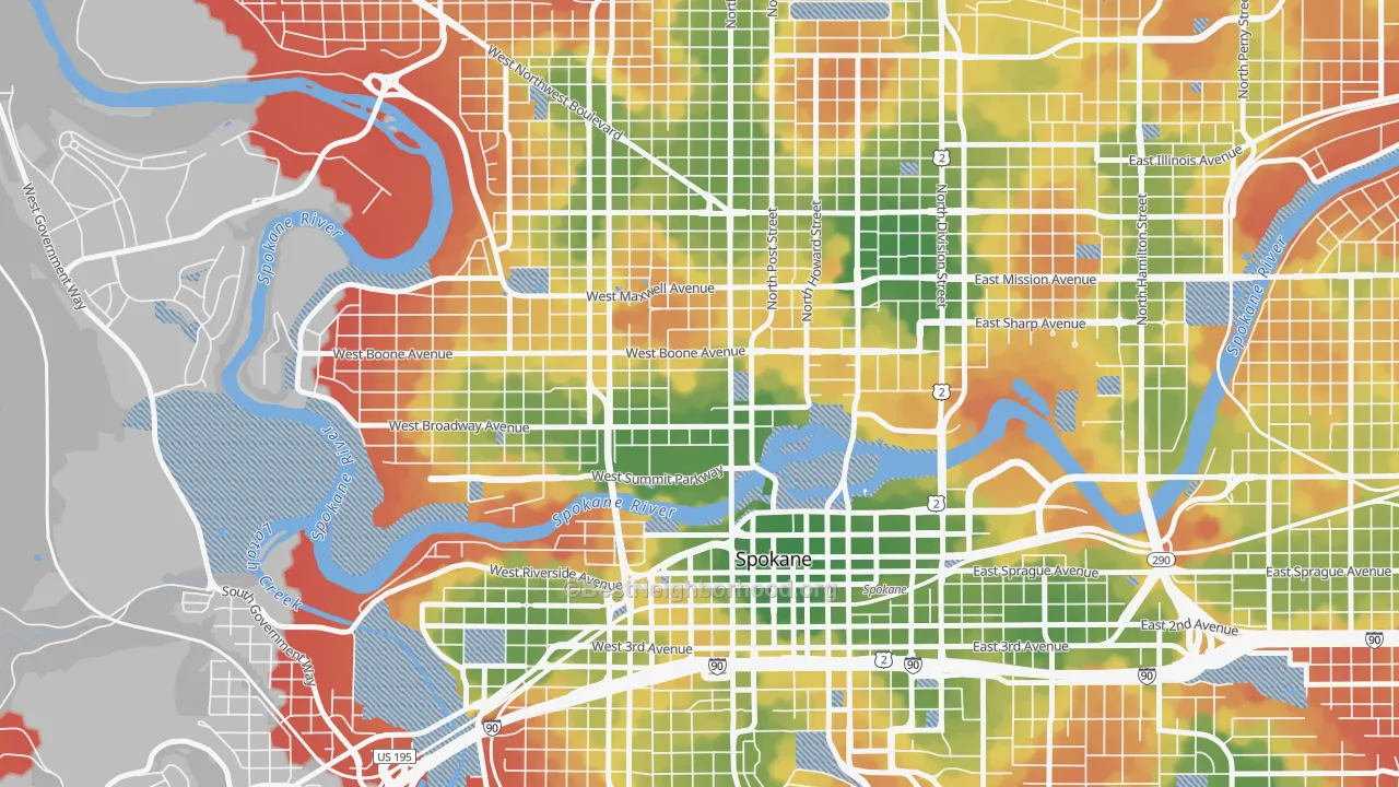 Walk Grade map of 99260, WA, walkable areas in green and car-dependent areas in red