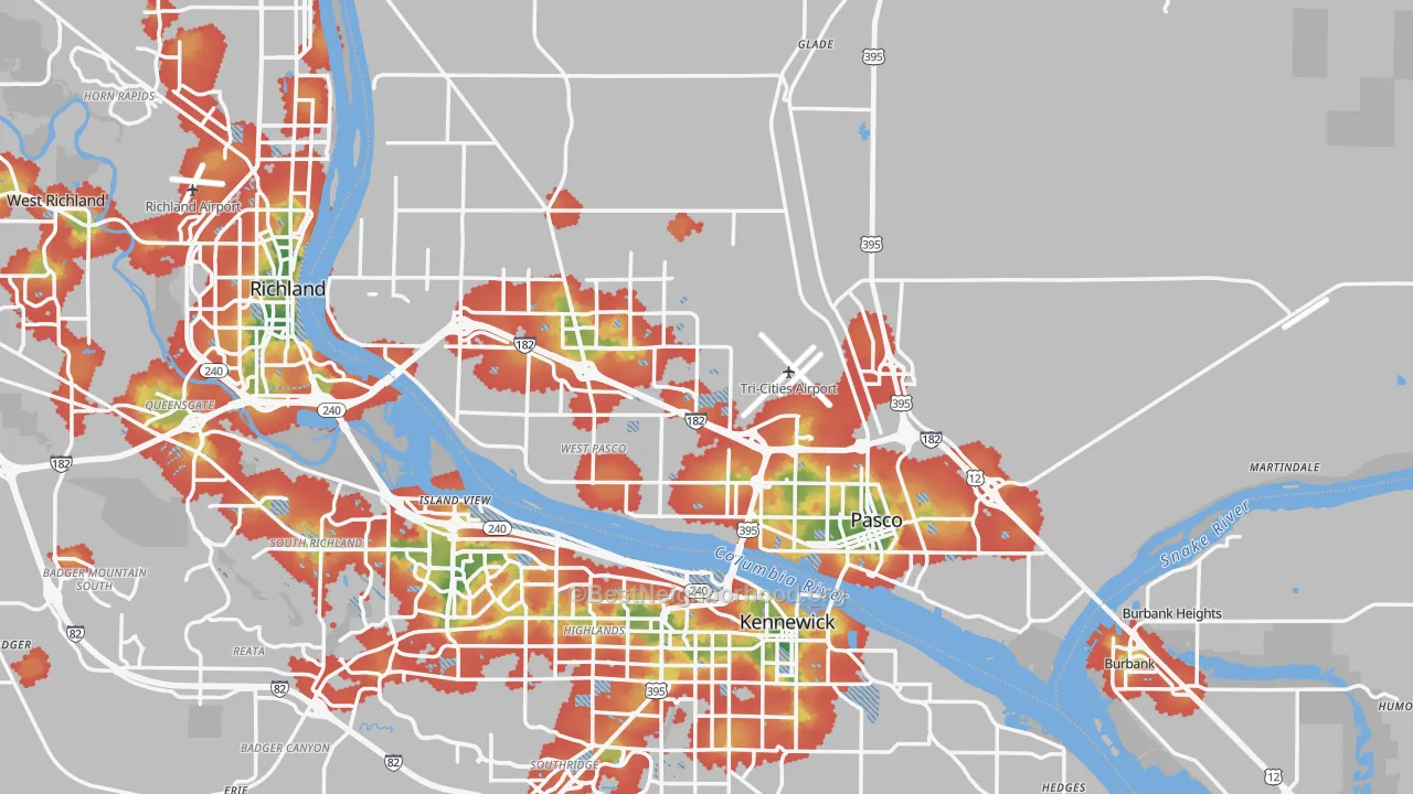 Walk Grade map of 99301, WA, walkable areas in green and car-dependent areas in red