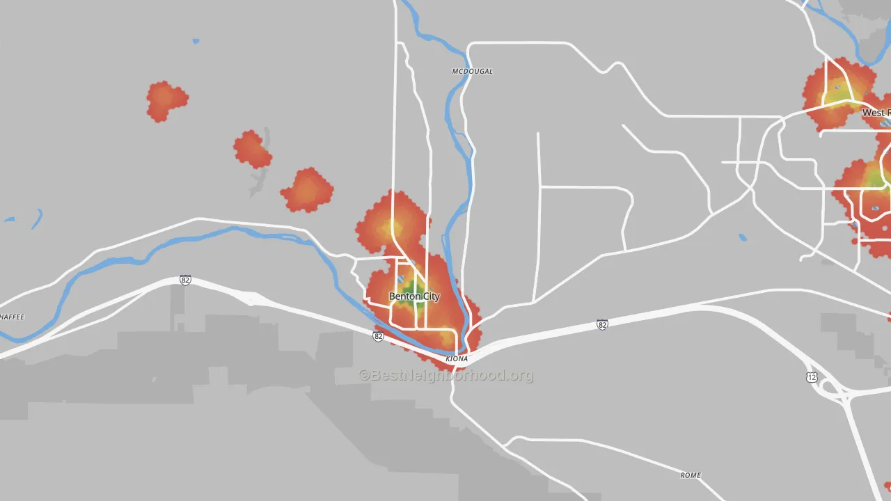 Walk Grade map of 99320, WA, walkable areas in green and car-dependent areas in red