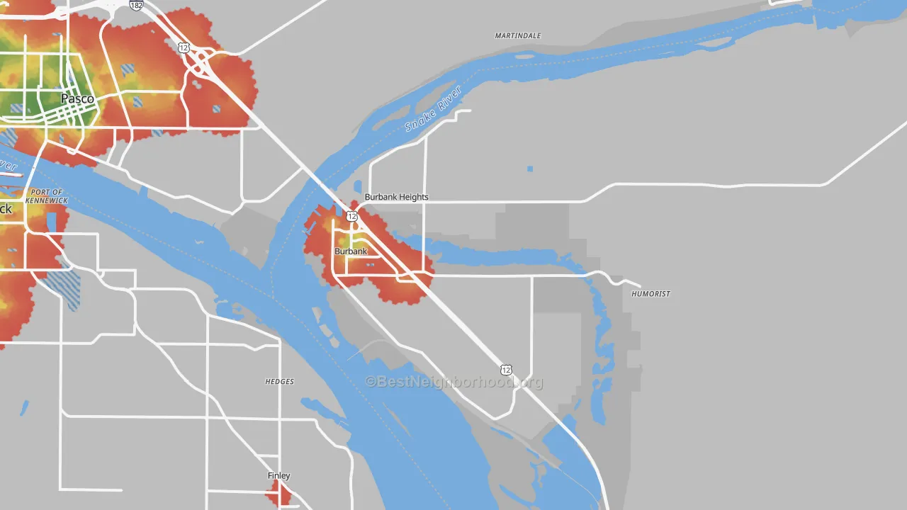 Walk Grade map of 99323, WA, walkable areas in green and car-dependent areas in red
