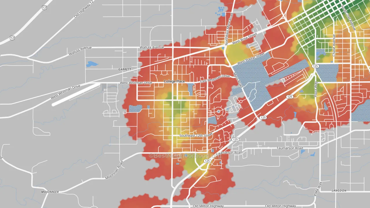 Walk Grade map of 99324, WA, walkable areas in green and car-dependent areas in red