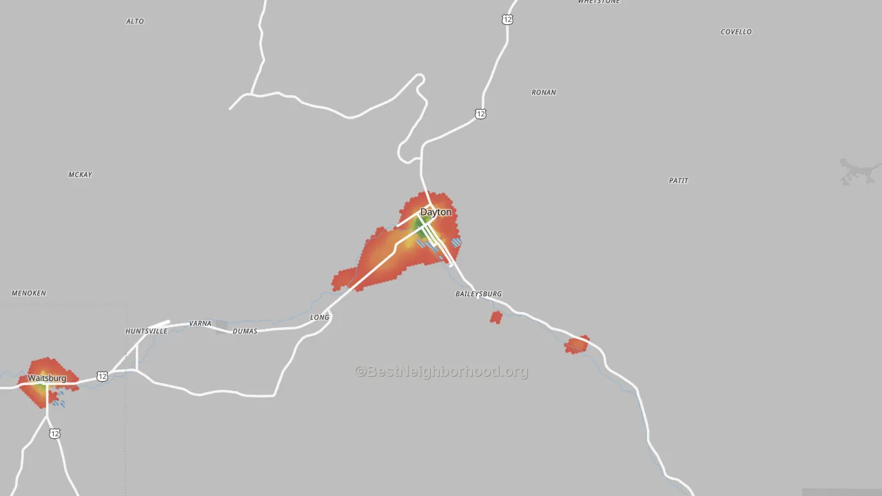 Walk Grade map of 99328, WA, walkable areas in green and car-dependent areas in red