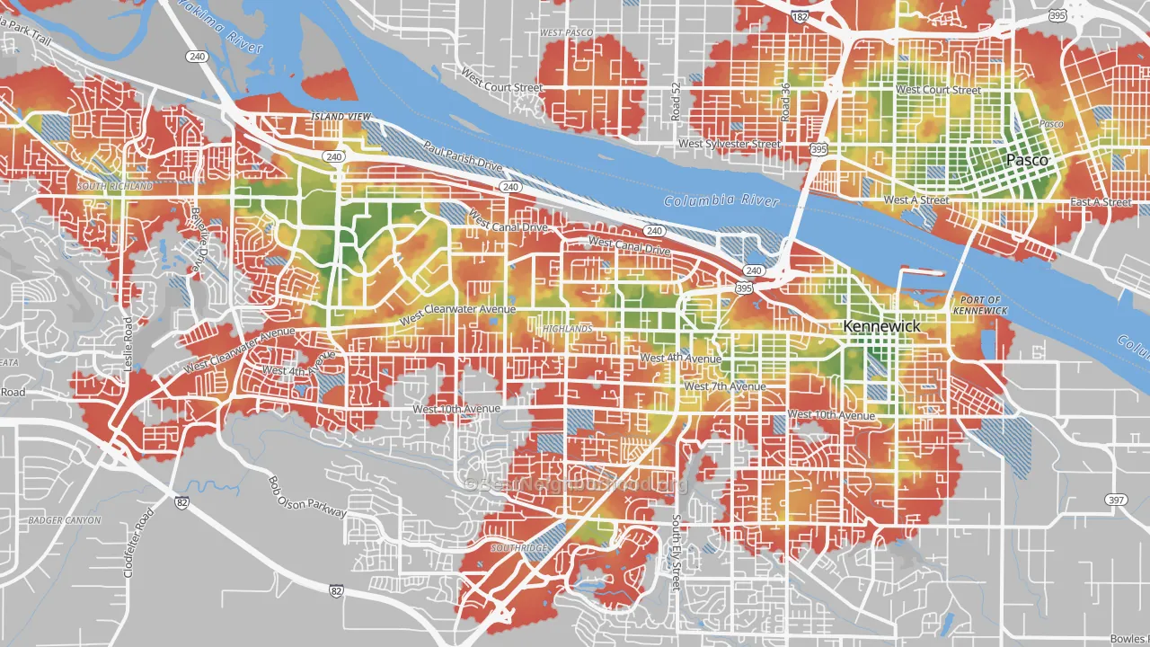 Walk Grade map of 99336, WA, walkable areas in green and car-dependent areas in red