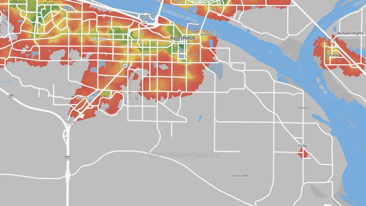 Walk Grade map of 99337, WA, walkable areas in green and car-dependent areas in red