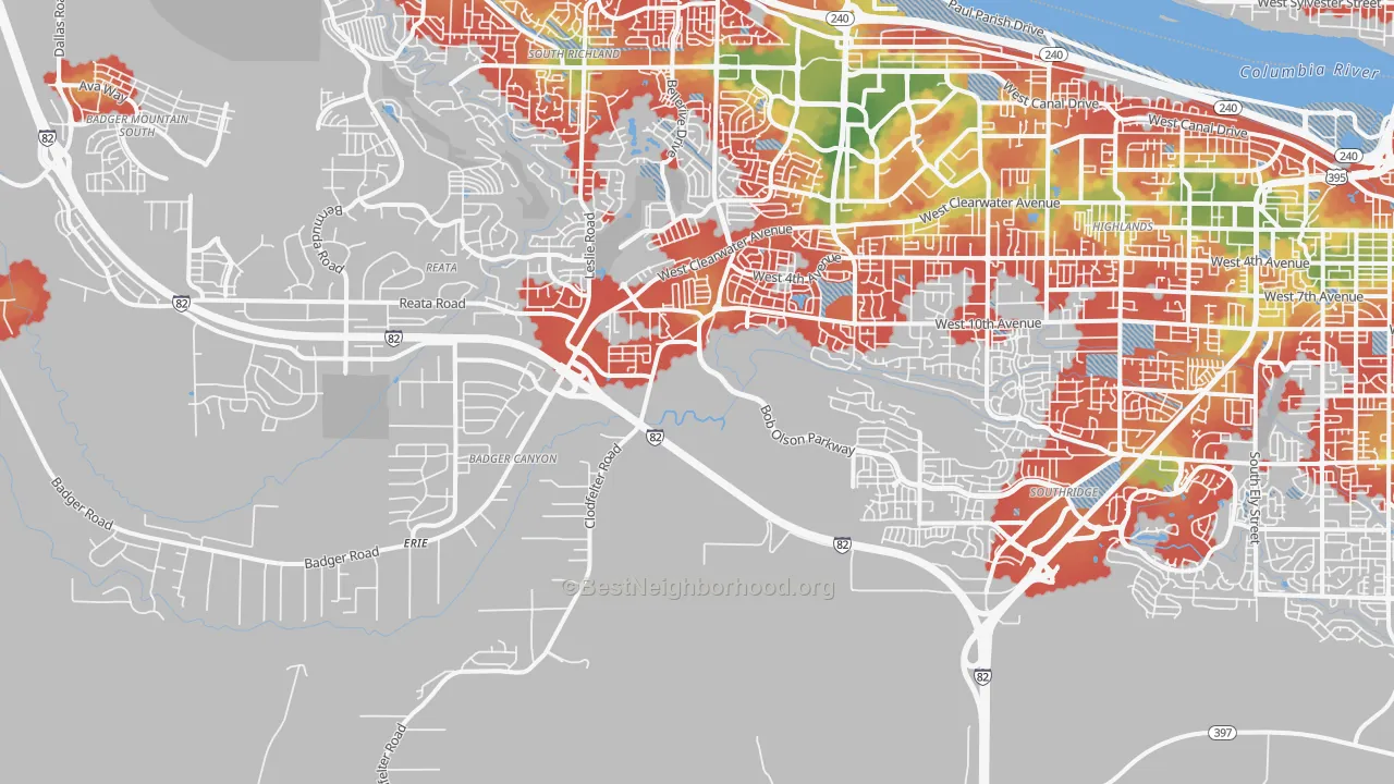Walk Grade map of 99338, WA, walkable areas in green and car-dependent areas in red